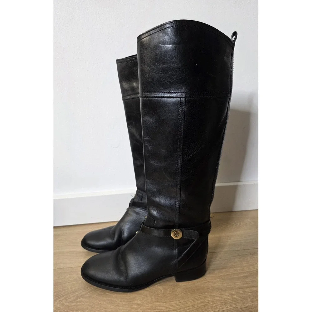 Tory Burch Brita Black Leather Tall Riding Boots Women's Size 7M Gold Hardware